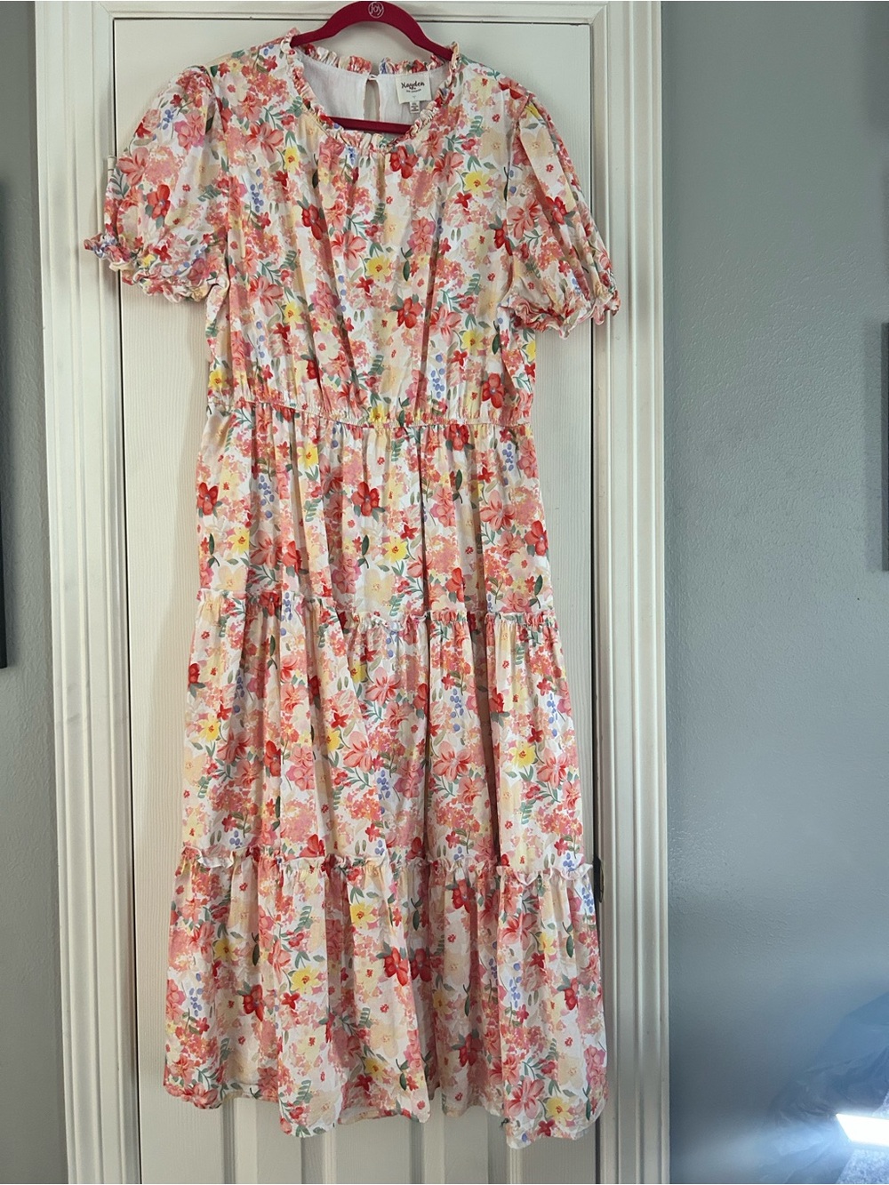 Hayden Floral Maxi Dress in White with Coral, Yellow & Green Accents